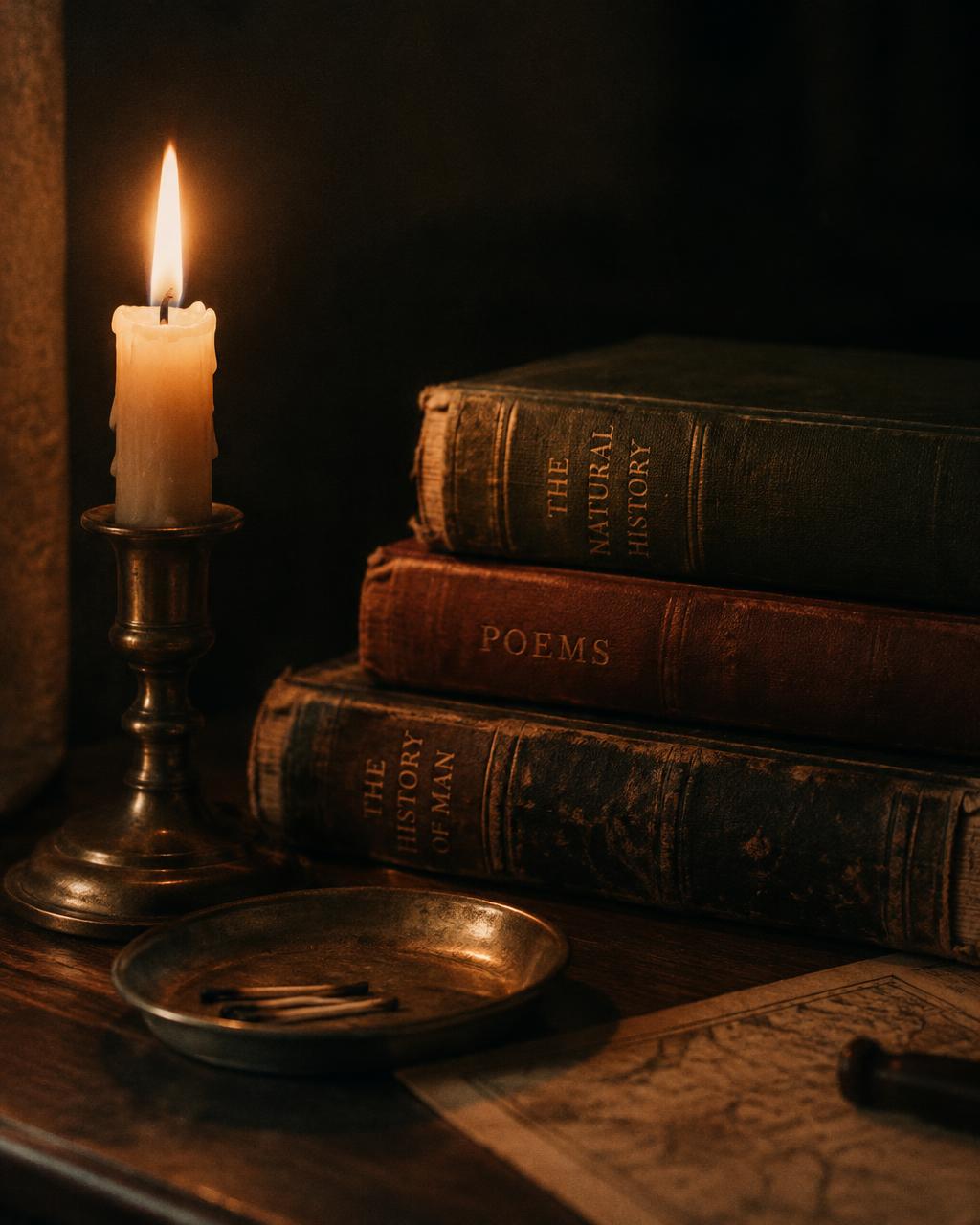 Old books beside a lit candle